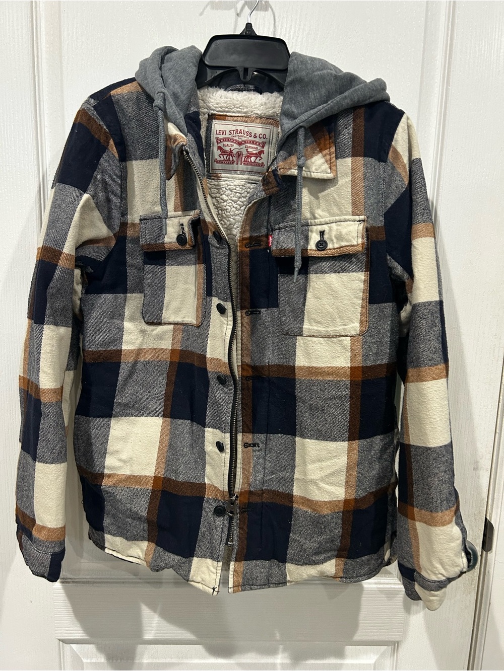 Levi' Strauss Men's Small Hooded Sherpa-Lined Plaid Jacket - Navy/Gray/Brown